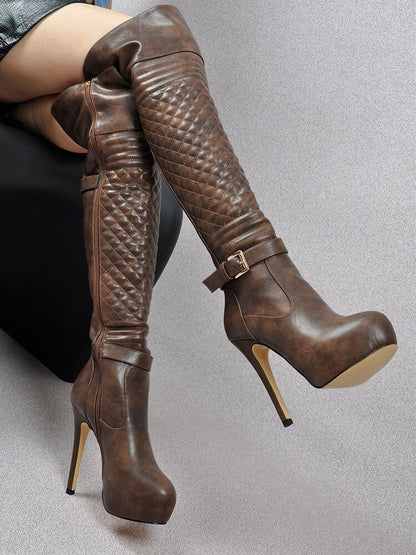 Onlymaker Women Over The Knee Boots Thin High Heel Lady Black Metal Chain Decoration Zipper Female Platform Boots