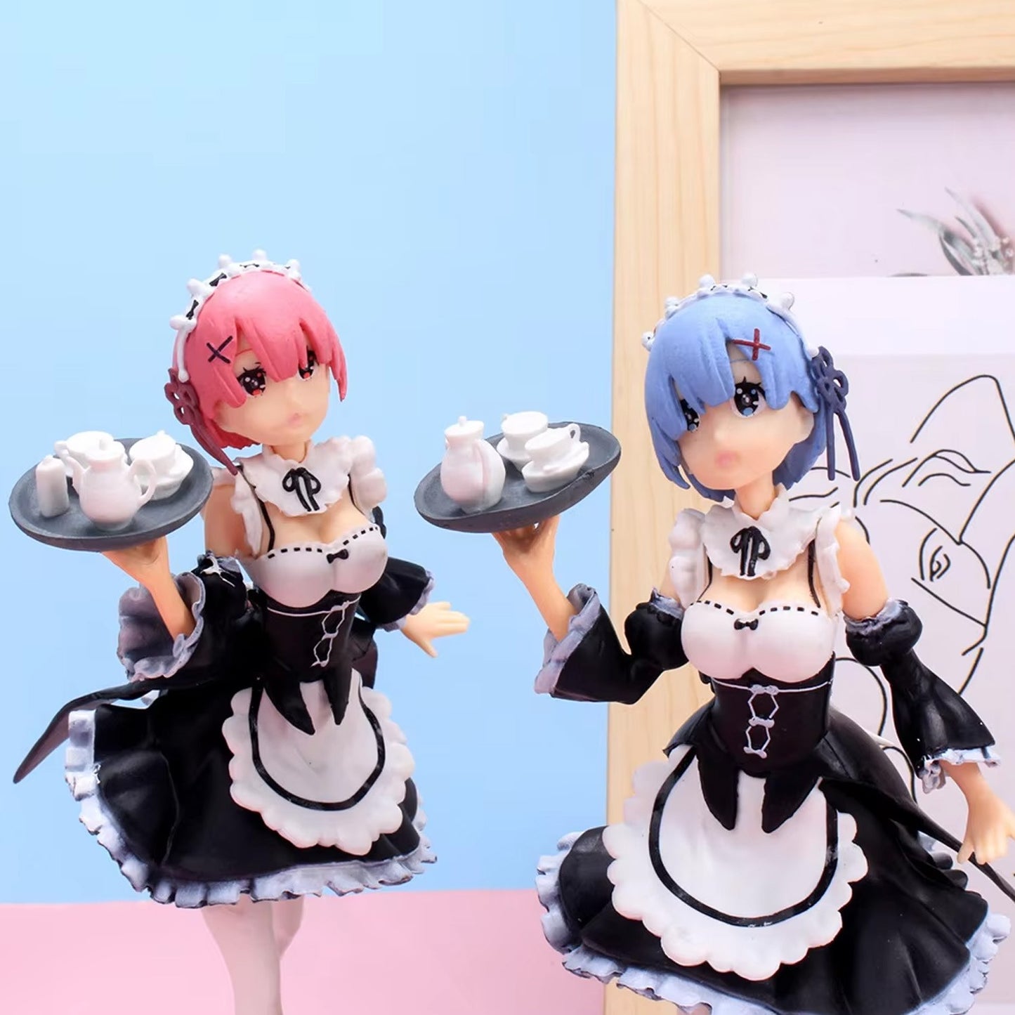 Re:Zero Rem & Ram Figure Set - Maid Costume with Tray, Standing Pose, Detailed Collectible Models for Collection & Display