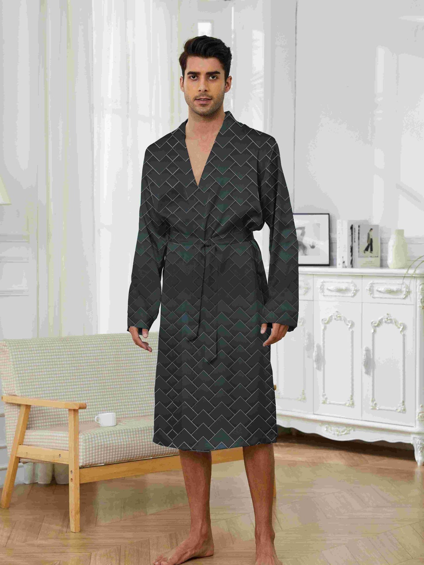 2025 Men's Sleeping Robe Ice Silk Thin Style High End Simple Sleepwear Summer Medium Long Sleeve Bathrobe