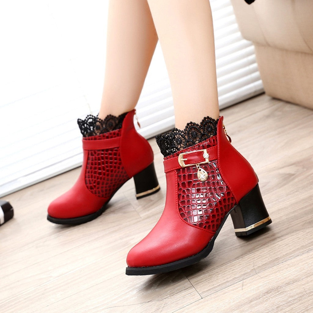 Women'S Ladies Boots Fall Winter Vintage Leather Lace Short Boots Shoes Women'S Fashion Lace Trim Boots Mid-Heeled Boots