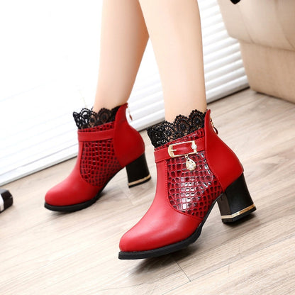 Women'S Ladies Boots Fall Winter Vintage Leather Lace Short Boots Shoes Women'S Fashion Lace Trim Boots Mid-Heeled Boots