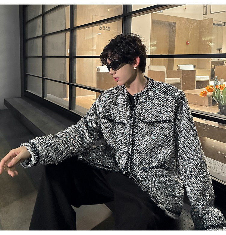Korean Fashion Shiny Sequin Jacket Sliver Round Collar Long Sleeve Jackets Coats Autumn New Ladies Gentleman High Street