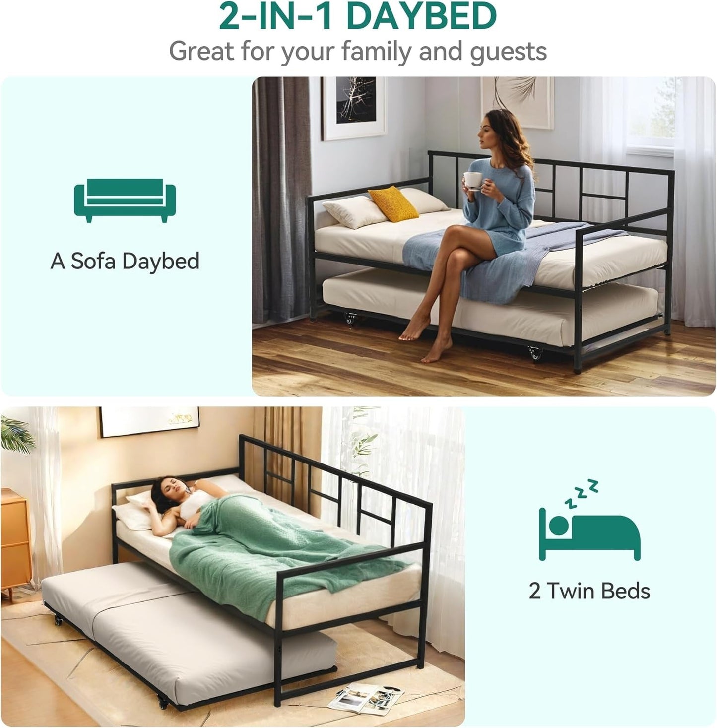 Cama-Sofá com Bicama, Cama de Solteiro com Altura Ajustável e Bicama Retrátil, Sofá-Cama com Suporte de Estrado de Aço para Sala de Estar