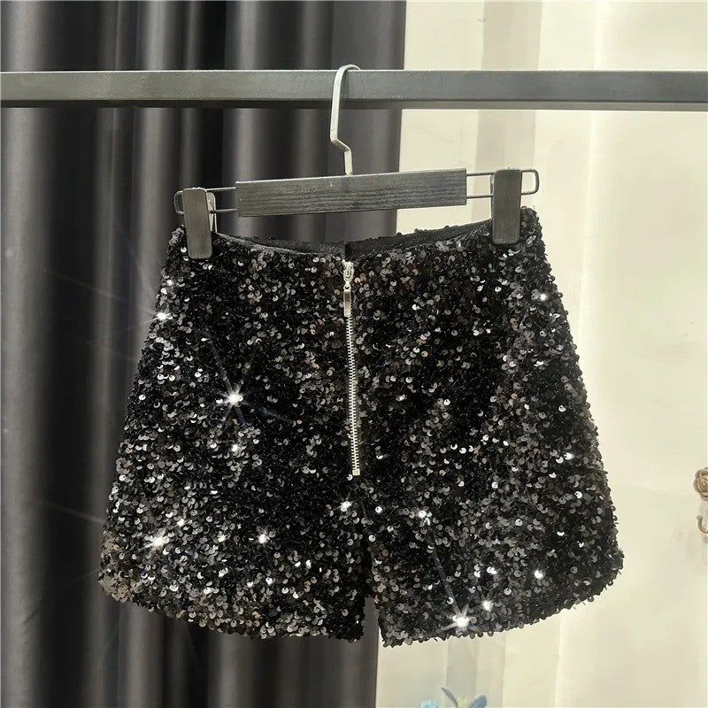 New Autumn Black Velvet Shorts Women Sequined Shiny Versatile Short Pants Clubwear Shorts Hot Pants High Street