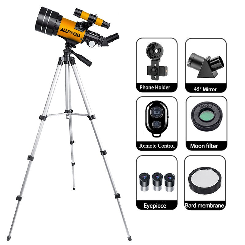 Telescópio Astronômico ALLFOCUS 150X, Telescópio Refrator Portátil de Viagem com Abertura de 70mm com Adaptador de Telefone e Controle Remoto Sem Fio