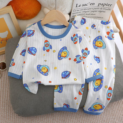 Kids Boys Girls Summer Cotton Thin Pajamas Cute Cartoon Print Long Sleeve T-shirt Tops+Pants Baby Clothing Sets