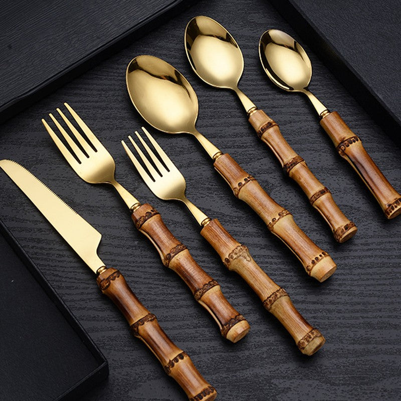 Conjunto de Talheres de Bambu 1 peça/4 peças Aço Inoxidável Dourado Faca Garfo Colher Louça Talheres Seguros para Lava-louças Conjunto de Talheres