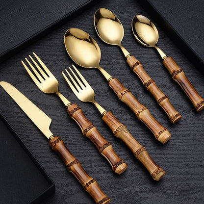 Conjunto de Talheres de Bambu 1 peça/4 peças Aço Inoxidável Dourado Faca Garfo Colher Louça Talheres Seguros para Lava-louças Conjunto de Talheres