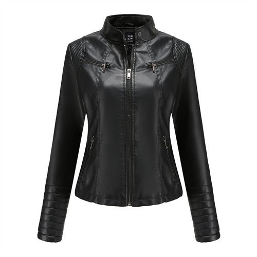 Women's Slim Leather Jacket, Stand-up Collar, Zipper Stitching, Monochromatic Coat, Fashion Clothing, New