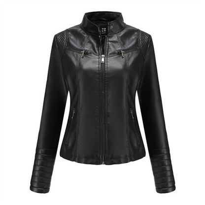 Women's Slim Leather Jacket, Stand-up Collar, Zipper Stitching, Monochromatic Coat, Fashion Clothing, New
