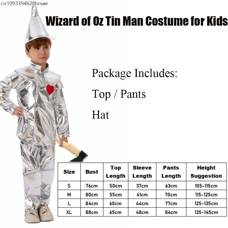 2025 New Arrival Silver Red Heart Wizard Boy Oz Tin Man Halloween Costume For Kids