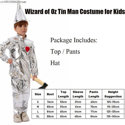 2025 New Arrival Silver Red Heart Wizard Boy Oz Tin Man Halloween Costume For Kids