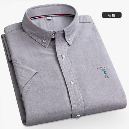 New Summer Short-sleeved Shirt Men's Solid Color Oxford Spinning Casual Embroidery Fashion Slim Shirt Short Men Drop Shipping