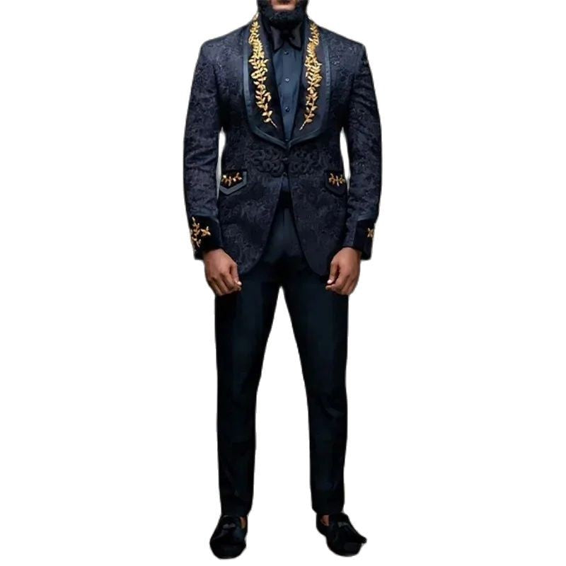 Elegant Black Blazer Formal Men's Suits Jacquard Fabric Shawl Lapel Single Breasted Luxury Male Clothing 1 Piece Jacket Costume