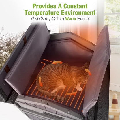 Casinha Aquecida para Gatos Externa 2 Andares Impermeável para Gatos de Rua com Portas de Fuga Tapete Aquecedor Removível para Inverno AIR94-He