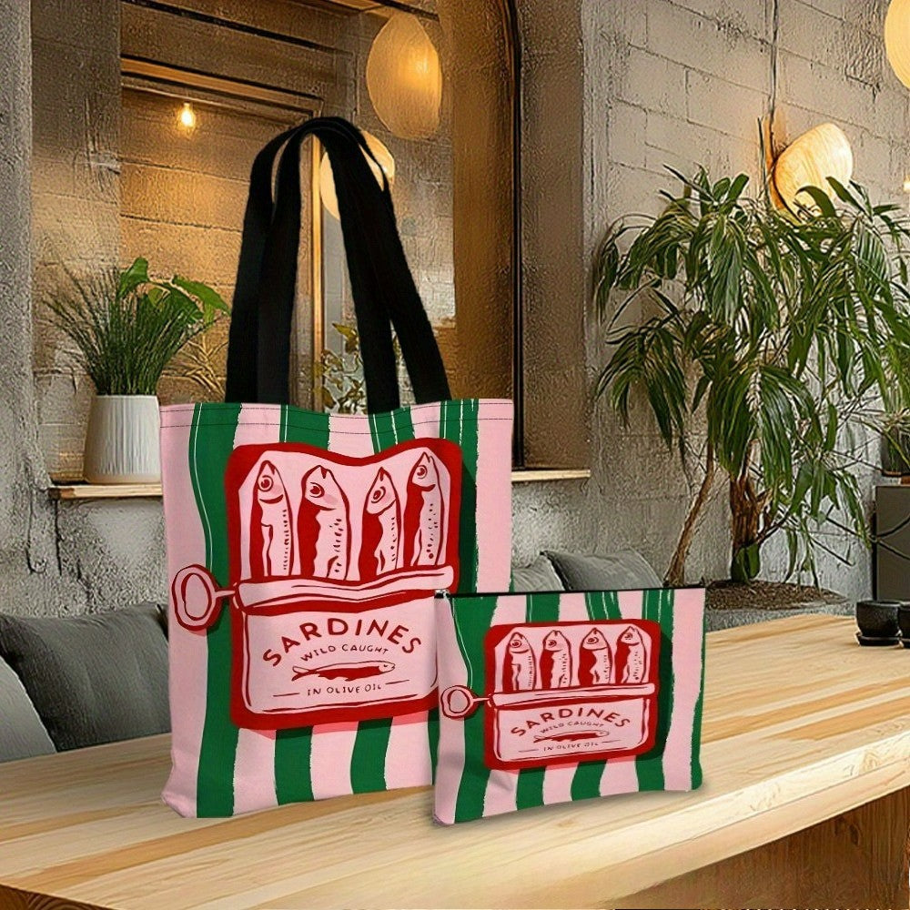 Sardines Wild Caught Olive Oil Tote Bag Beach Bag with Makeup Bag Stylish Reusable Shopping Bag Shoulder Bag Travel Work Bags