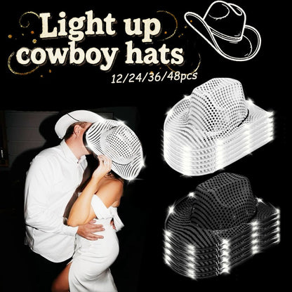 12/24/36/48pcs Light Up Cowboy Hat Silver Cowboy Hat Light Up Cowboy Hats Bulk Wedding for Dancing Party Led Hat Role Play Props