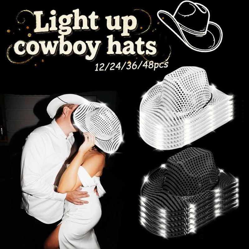 12/24/36/48pcs Light Up Cowboy Hat Silver Cowboy Hat Light Up Cowboy Hats Bulk Wedding for Dancing Party Led Hat Role Play Props