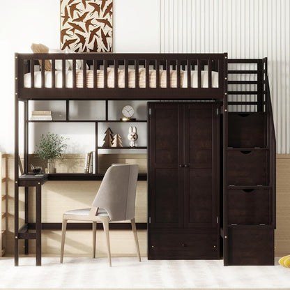 Designs Twin Loft Bed with Stairs, Wardrobe, Desk, Bookshelf and Drawers, Solid Wood Loft Bed Frame with Storage - Espresso