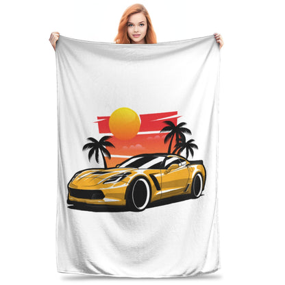 Manta de Lã Amarela Corvette Z06 Pôr do Sol Palmeiras Mantas de Pelúcia Quentes Roupa de Cama Macia para Cama Sala de Estar Casa Piquenique Sofá