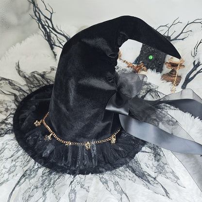 Handmade Lace Witch Pointed Hats Bandage Bow Wizard Hat Adult Gothic Lolita Cosplay Costume Accessories Halloween Party Hat