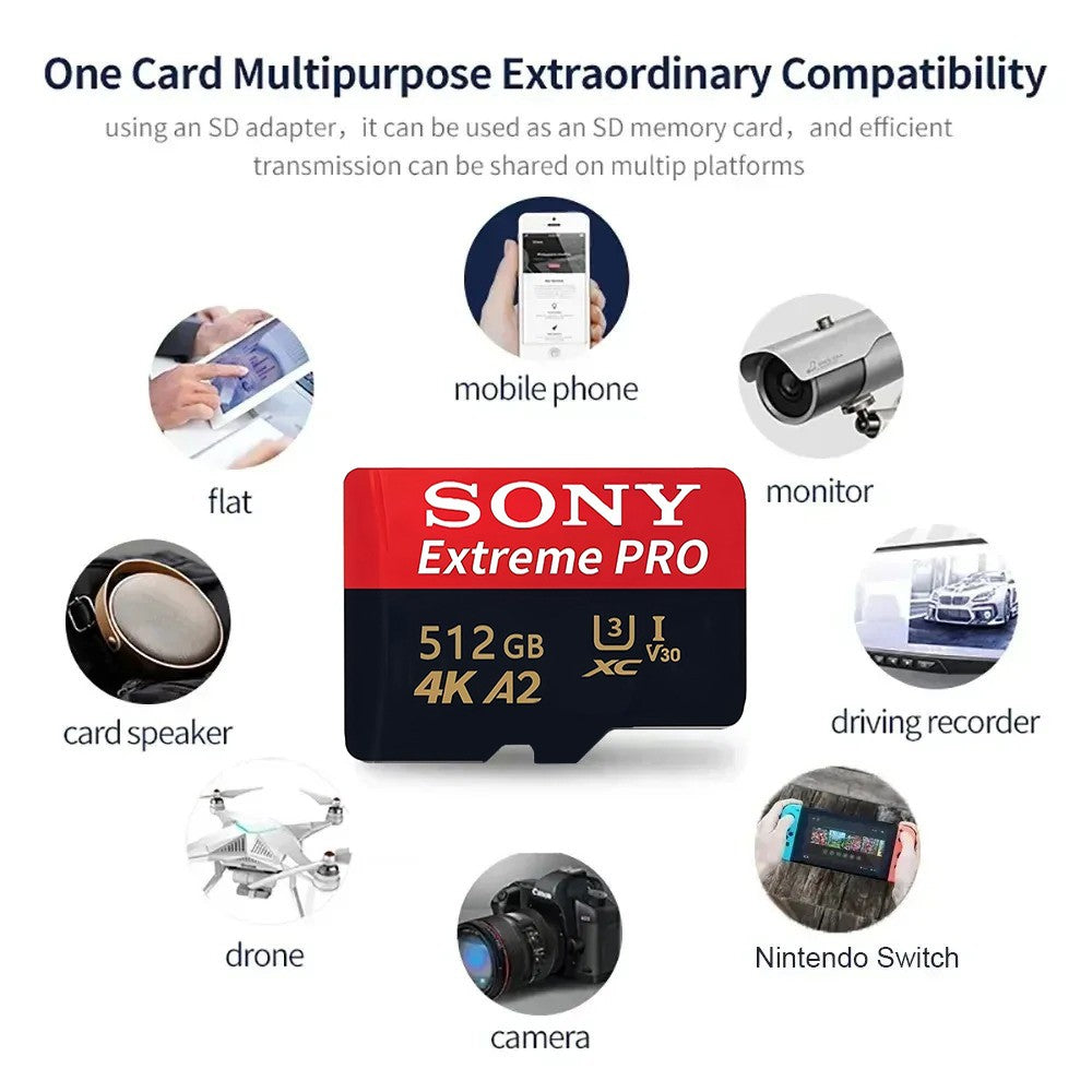 Cartão Micro Flash SD Sony 1TB Cartão de Memória SD Extremo 128GB Cartões Flash TF 512GB 256GB A2 U3 V30 SD Para Celular Xiaomi Computador