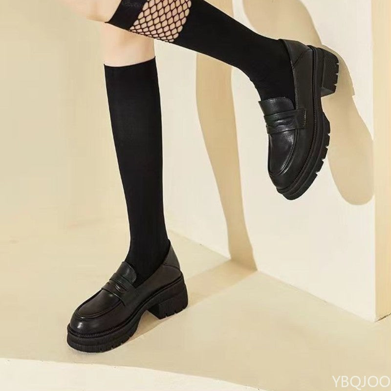 Sapatos Casuais Femininos de Couro Moda Saltos Grossos Cor Sólida Respirável Mocassins Confortáveis Saltos Altos Femininos Zapatos