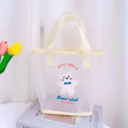 INS Cute Bear Cosmetic Bag Women Fashion Handbag Transparent Mesh Makeup Case Summer Convenient Swimming Outdoor Beach Bag
