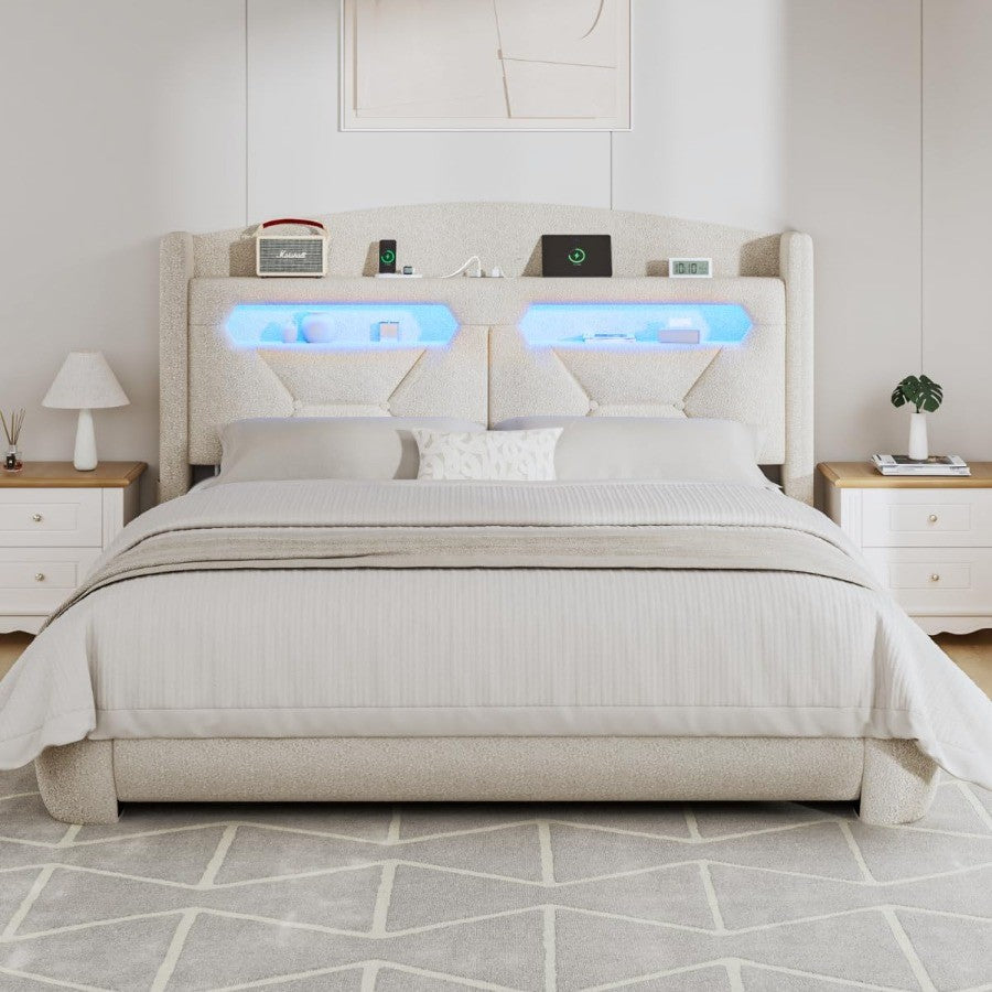 Estrutura de Cama Queen Size com Cabeceira Estofada em Bouclé, Base Plataforma com Armazenamento, Estação de Carregamento, Luzes LED e Espuma Macia