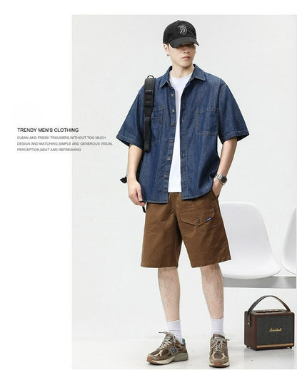 2025 Summer New Men's Casual Loose Shirt Polo Neck Short Sleeve Single Breasted Shirts Men's Vintage Solid Cargo Jeans  Tops