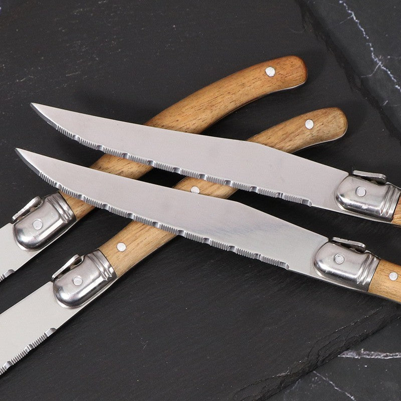 Wood Handle Laguiole Steak Knives Set Sharp Serrated Blade Dinner Knife Cutlery Stainless Steel Table Knives Kitchen 6/8/12pcs