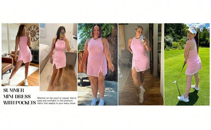 Women's Tennis Dress With Built-In Shorts & Pockets, Sleeveless Athletic Mini Dress With Bra, Golf Sports Dress