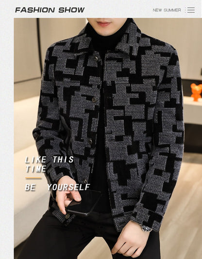 Winter Thicken Warm Wool Blends Jacket Men Fashion Plaid Casual Coat Slim Lapel Streetwear Overcoat Social Men Clothing 2022