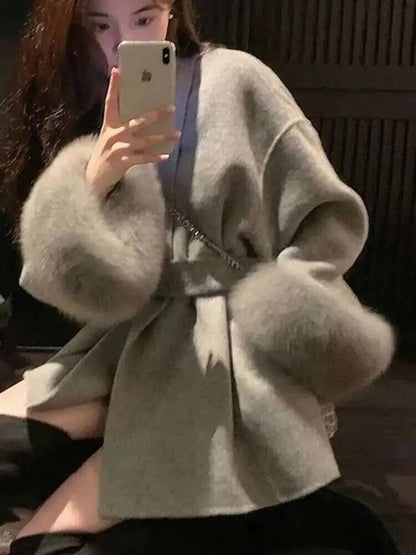 UCXQ Casaco Feminino Elegante OL para Escritório com Retalhos de Pelo Manga Comprida Lã Jaqueta de Roupa Feminina Bonita Outono Inverno 2025