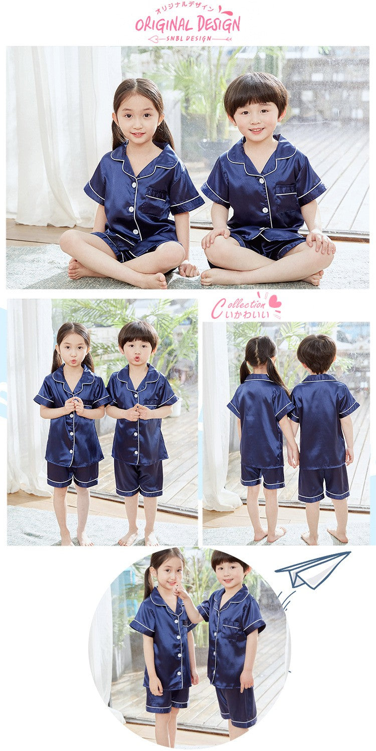 2 to 14 Years Boys Girls Pajamas Sets Kids Silk Satin Top Pant Long/Short Sleeve Solid Pyjamas Suits Nightgown Child Sleepwear