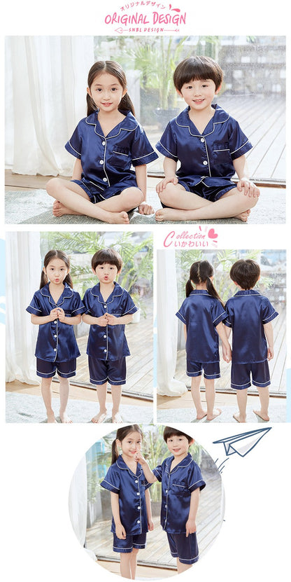 2024 New Summer Children Clothes Pajama Set Stain Silk Soft Solid Color Comfortable Clothing Kids Girls Boys Pajamas Sleepwear