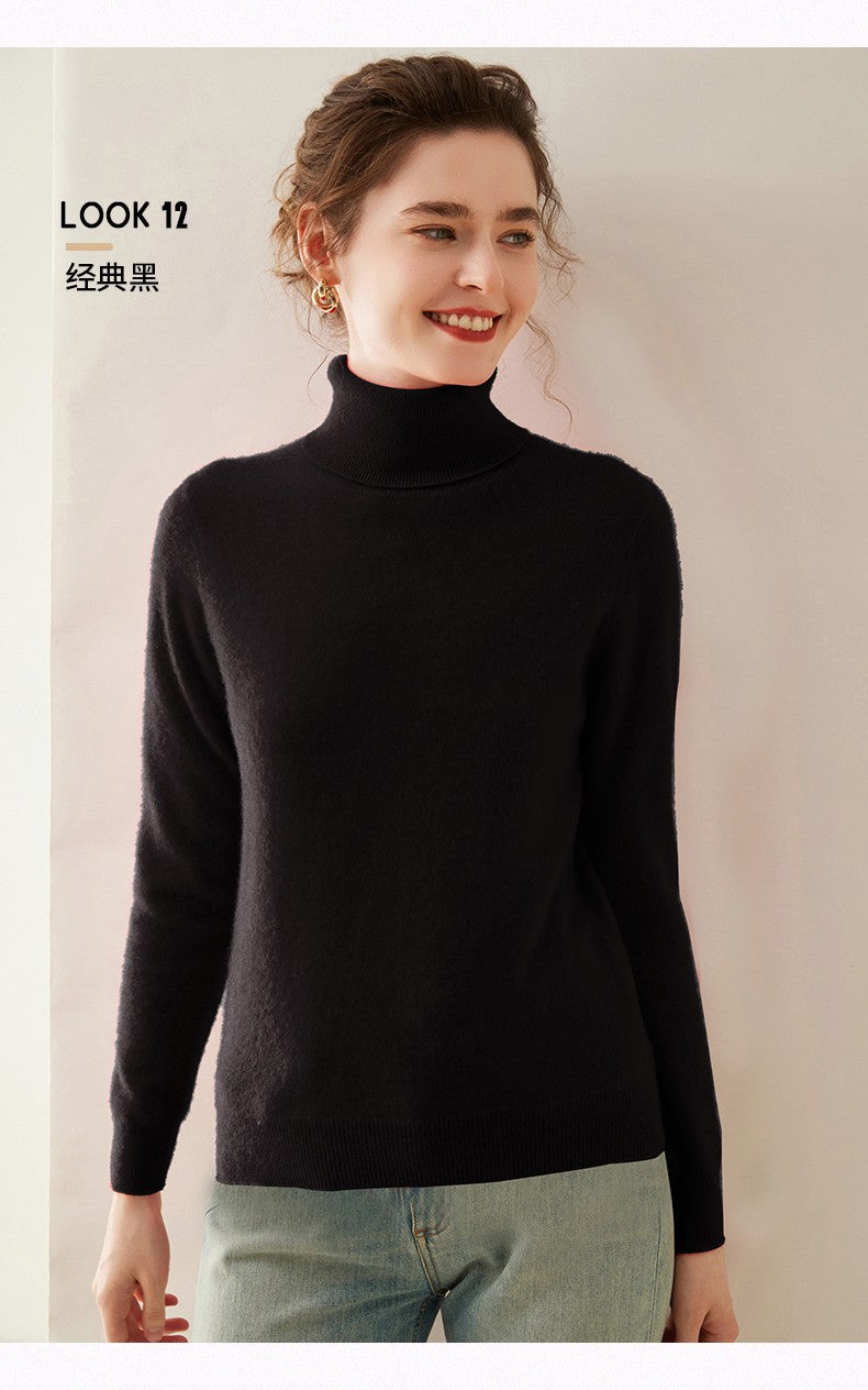 Suéter de Cashmere Feminino Gola Alta Manga Comprida Pulôver de Malha 100% Cashmere Puro Suéter Básico Versão Coreana Top Feminino