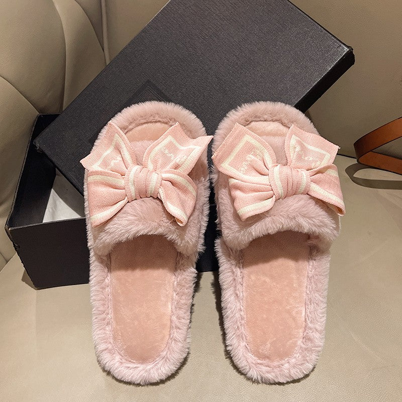 Casual Fluffy Slippers Women House Flats Fashion Winter Bowknot Love Designer Shoes Ladies Home Plush Platform Elegant Footwear