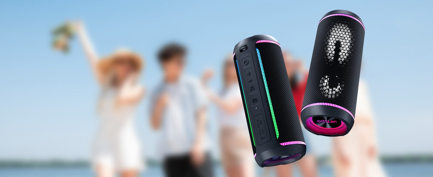 Ortizan X30 Caixa de Som Bluetooth Portátil Bluetooth 5.3 Caixa de Som Sem Fio com Som Estéreo Alto HD de 40W e Luzes RGB Coloridas AUX