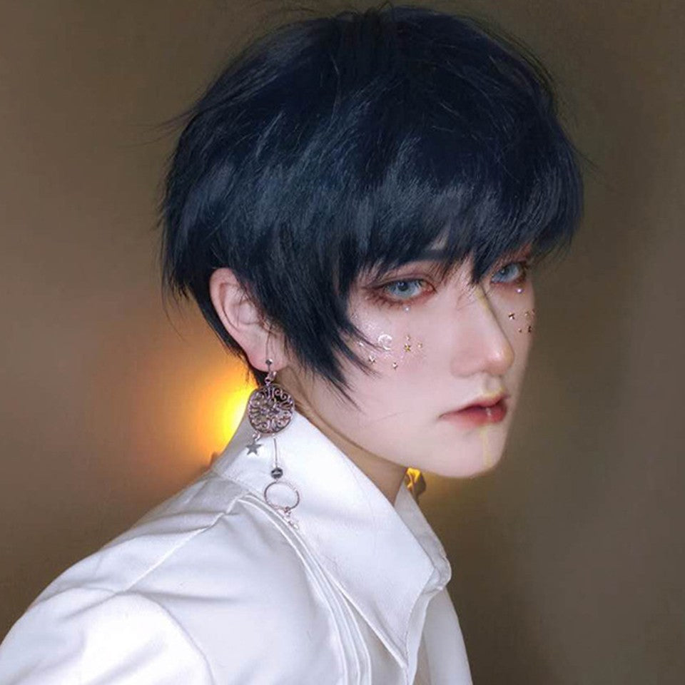 Peruca MEIFAN Sintética Curta para Cosplay Lolita Anime Masculina Cabelo Liso Masculino Fibra de Alta Temperatura Rosa Azul Louro Ombré Preto Peruca