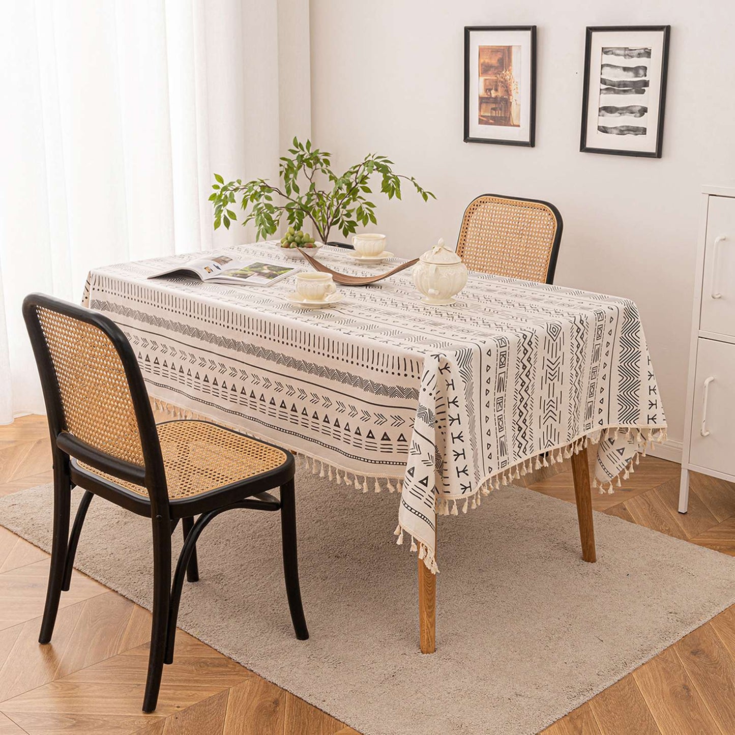 Vintage Boho Tassel Table Cloth Waterproof Cotton Linen Bohemian Tablecloth Patio Outdoor Wrinkle Free Table Protector Covers