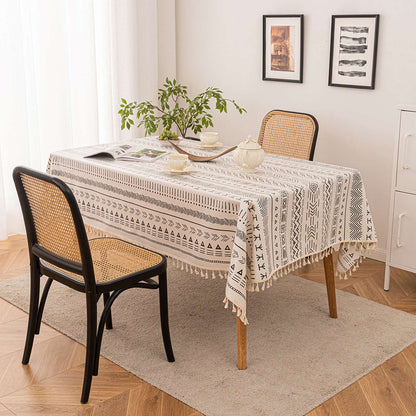 Vintage Boho Tassel Table Cloth Waterproof Cotton Linen Bohemian Tablecloth Patio Outdoor Wrinkle Free Table Protector Covers