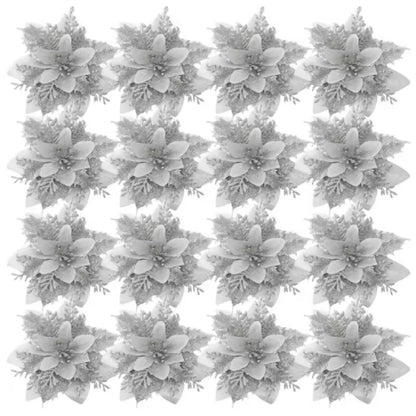 Large Glitter Artificial Christmas Flowers with Clips DIY Fake Flower Xmas Tree Ornaments for Home New Year Decoration Supplies