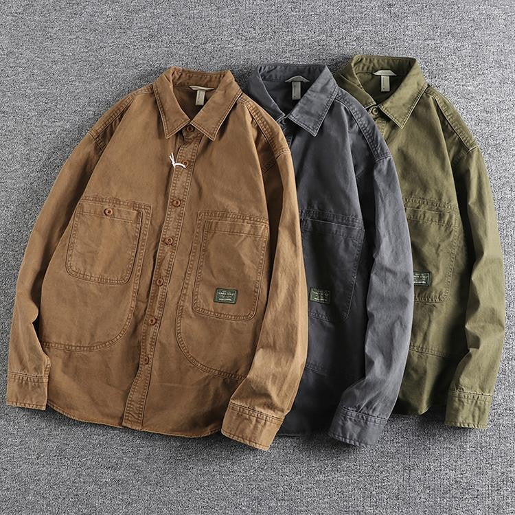 2025 Autumn New American Retro Woven Twill Cargo Shirt Men's Fashion 100% Cotton Washed Long Sleeve Double Pocket Casual Jacket