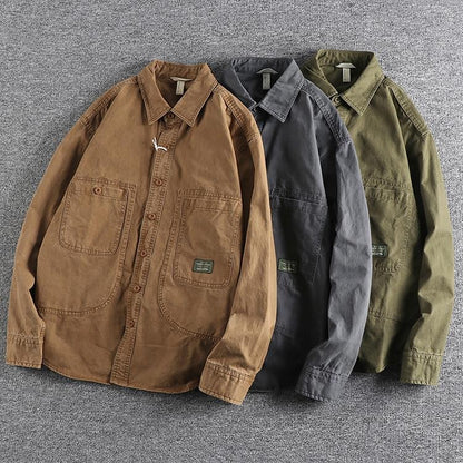 2025 Autumn New American Retro Woven Twill Cargo Shirt Men's Fashion 100% Cotton Washed Long Sleeve Double Pocket Casual Jacket