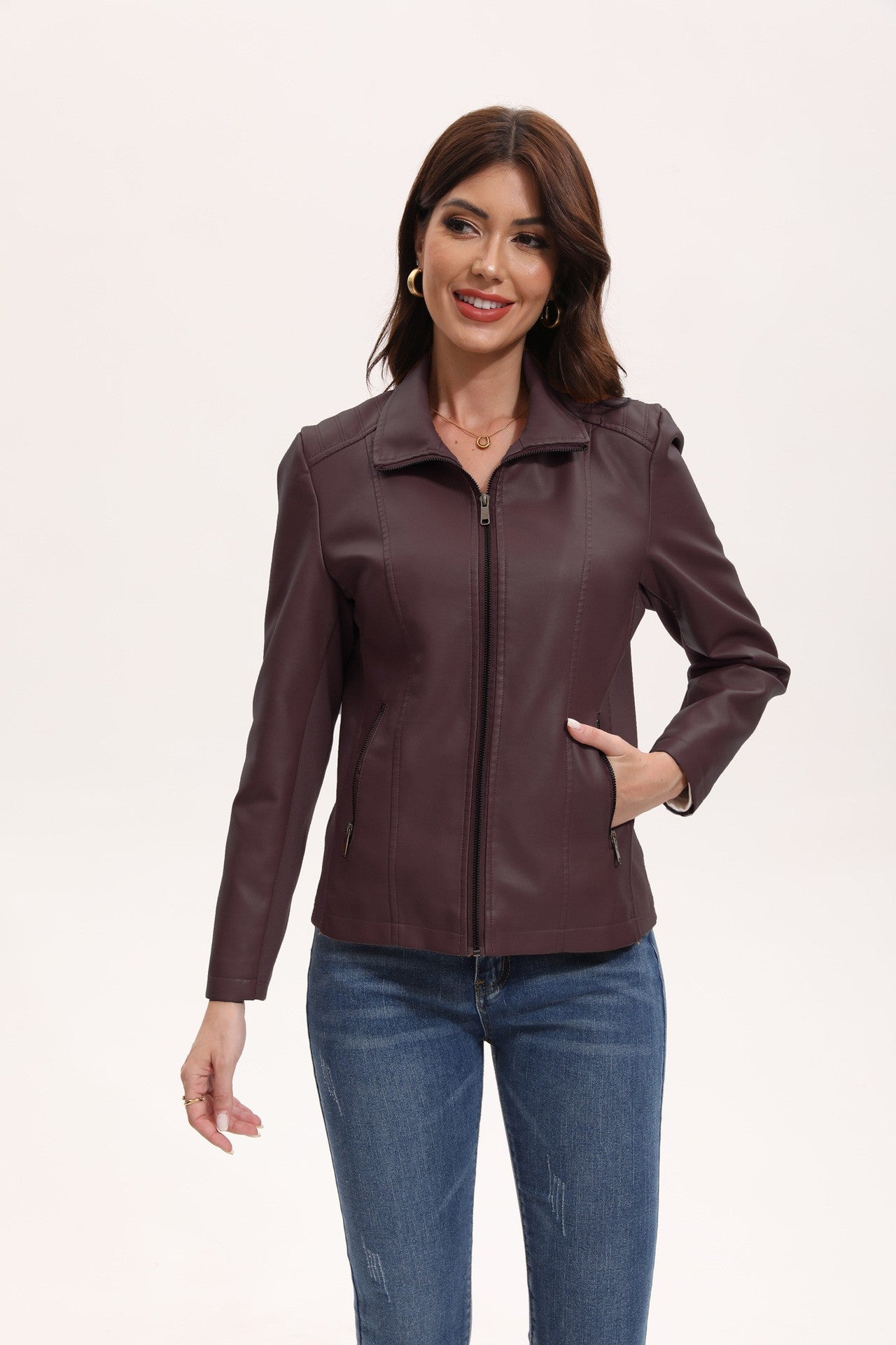 2025 Women’s Stylish Brown Faux Leather Jacket - Slim Fit, Trendy Moto Style with Zipper Detail PU Coat.