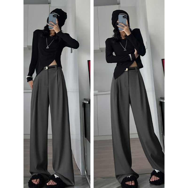 2024 Fall Winter Elegant Gray Suits Pants for Women Office Lady High Waist Wide Leg Fashion Trousers with Pockets Black Pants