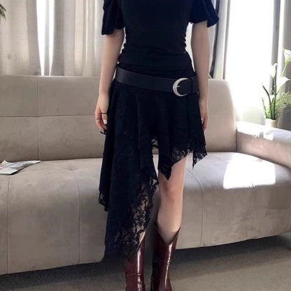 French Style Layered Lace Midi Skirt with Asymmetric Hem White Elegant Semi Formal Women Skirt Unique Design