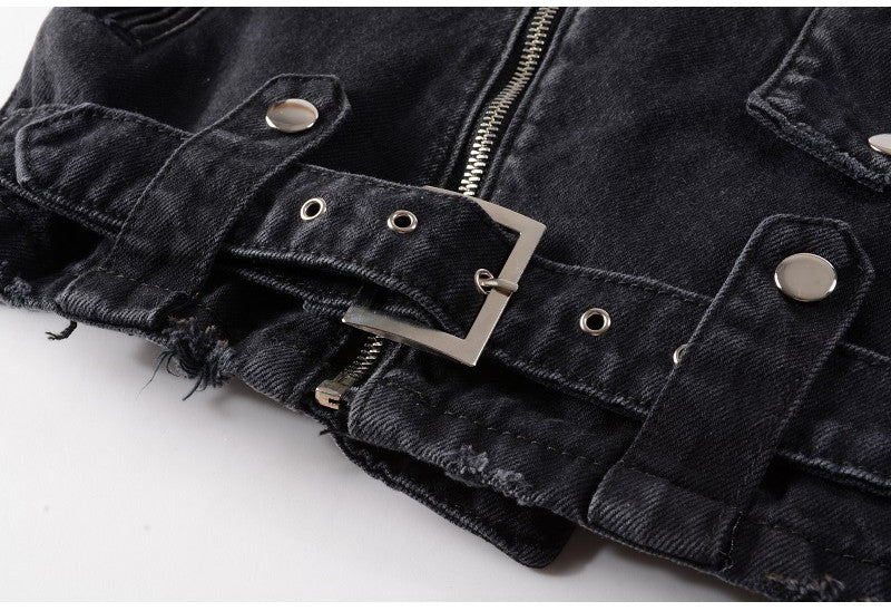 Sokotoo Men's zippers black biker jean jacket Streetwear thick denim slim coat with belt High quality
