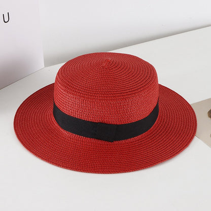 Chapéu de Sol Unissex de Verão com Topo Plano para Mulheres e Homens, Cor Sólida, Aba Larga, Fita Preta, Chapéu de Palha de Praia Dobrável, Bonés Frescos para Férias